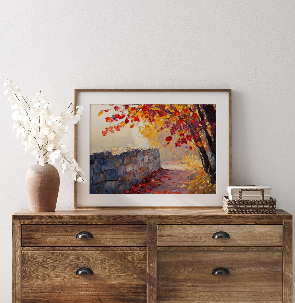 Autumn Stone Wall Painting Colorful Fall Foliage Impasto Landscape Poster - Image 3