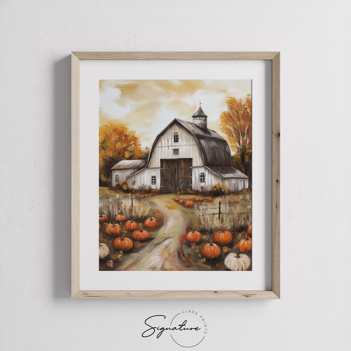 White Barn Surrounded by Pumpkins on Winding Farm Lane in Autumn Wall Art - Image 3