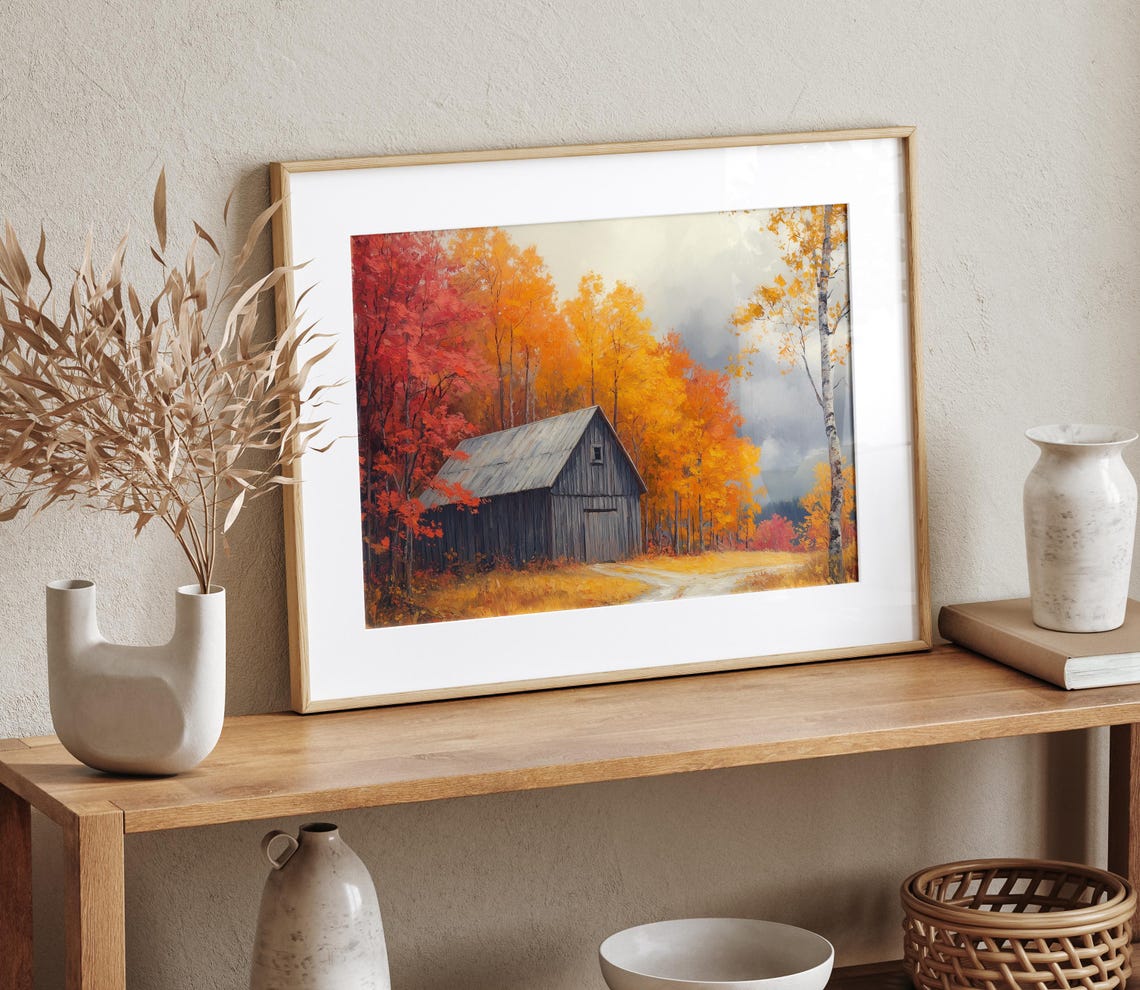 Wooden Barn Autumn Maples Red Forest Fall Rustic Landscape Wall Art - Image 4