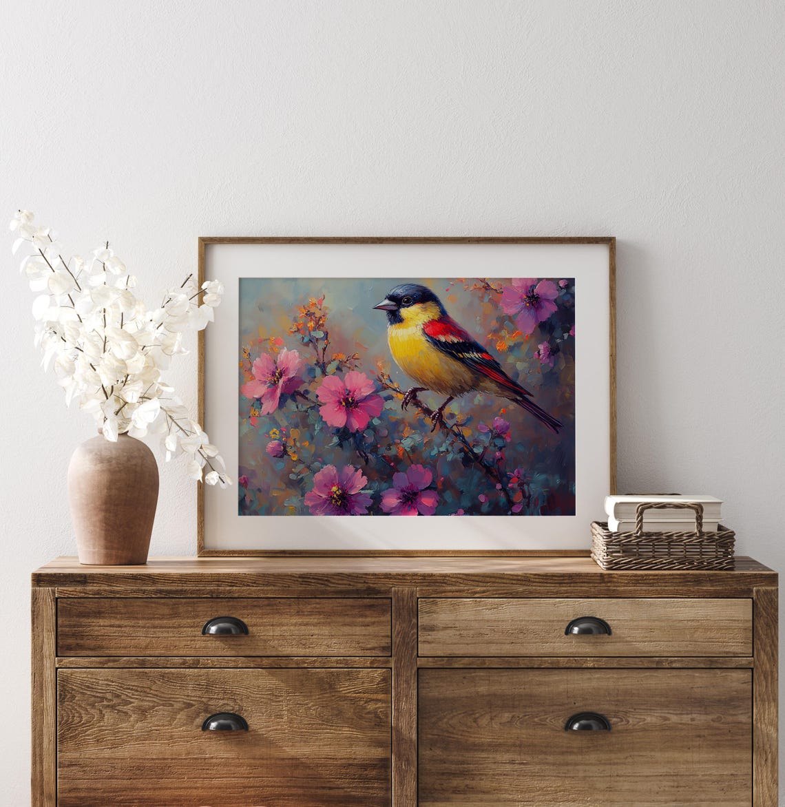 Colorful Songbird Perched On Pink Blossoms Vibrant Floral Wall Art - Image 2