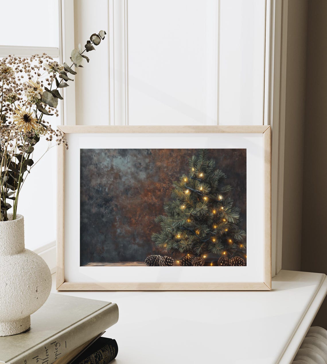 Rustic Mini Evergreen Tree with Lights and Pinecones on Wood Poster - Image 6