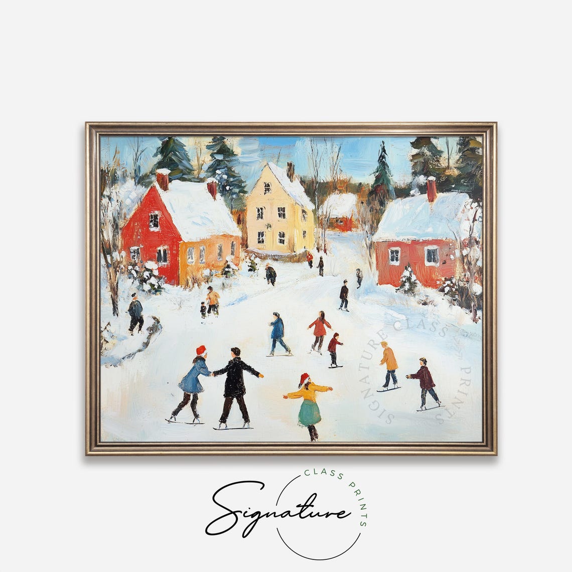Village Ice Skaters On A Snowy Pond Impressionist Winter Art Poster - Image 4