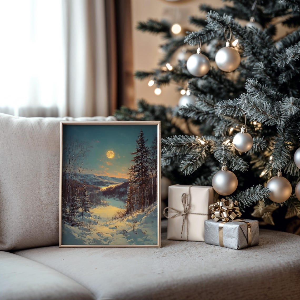 Full Moon Rising Over Snowy Forest Hillside Winter Night Poster - Image 5