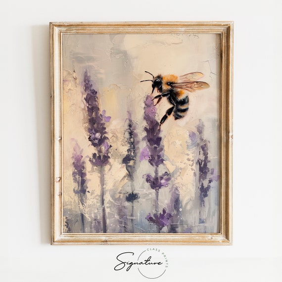 Buzzy Lavender Landing Bee On Flower Wall Art Nature Inspired Home Decor Insect Floral Art Whimsical Garden 269