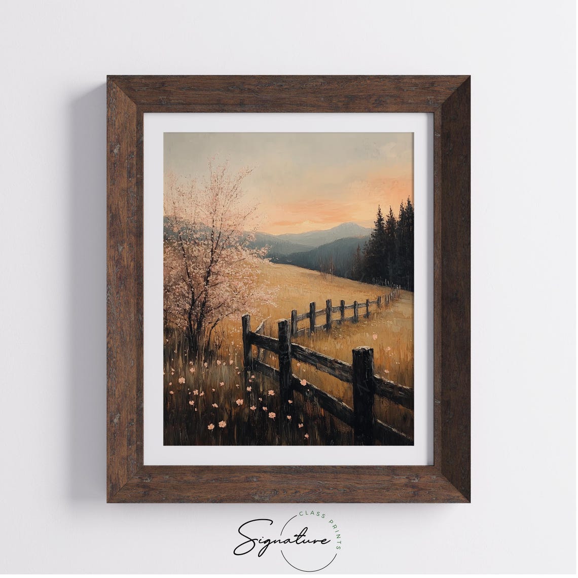 Blossoming Tree Wooden Fence Sunset Over Golden Hills Landscape Poster - Image 4