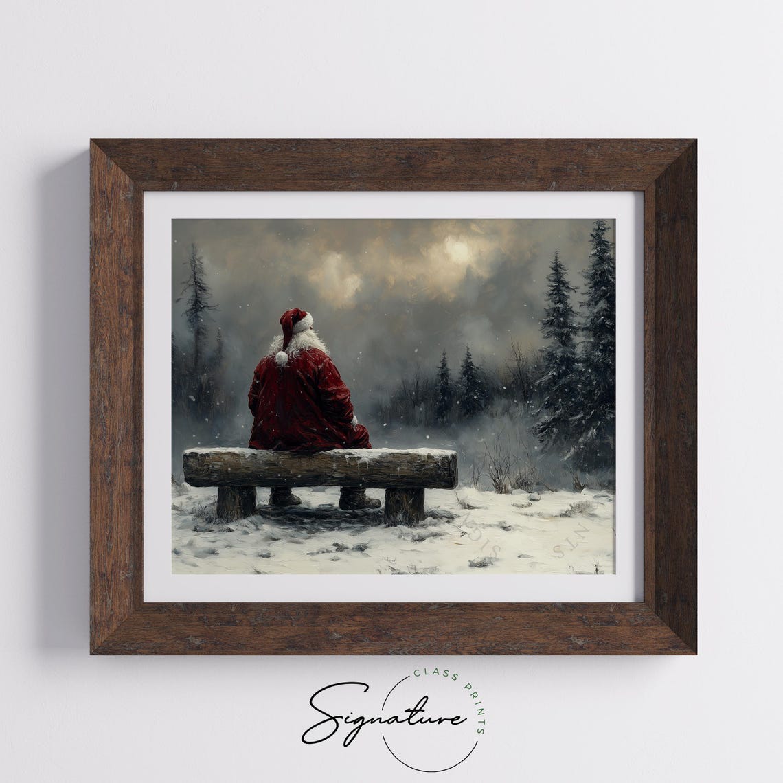 Santa Claus Sitting On A Log Bench Gazing At The Winter Forest Poster - Image 5