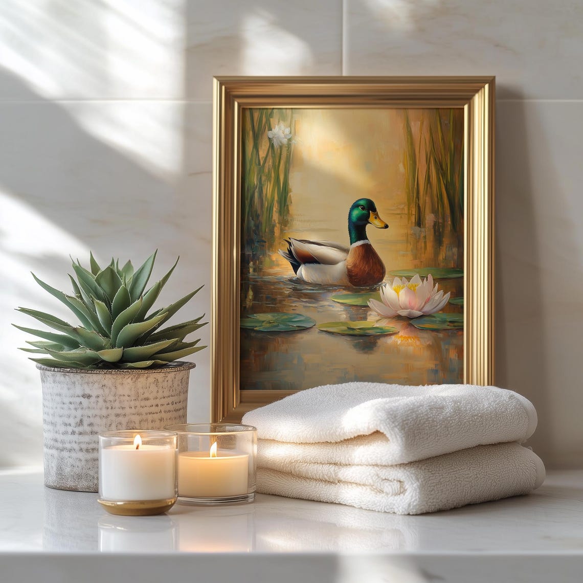 Mallard Duck On Serene Pond Water Lily Spring Nature Painting Print - Image 3