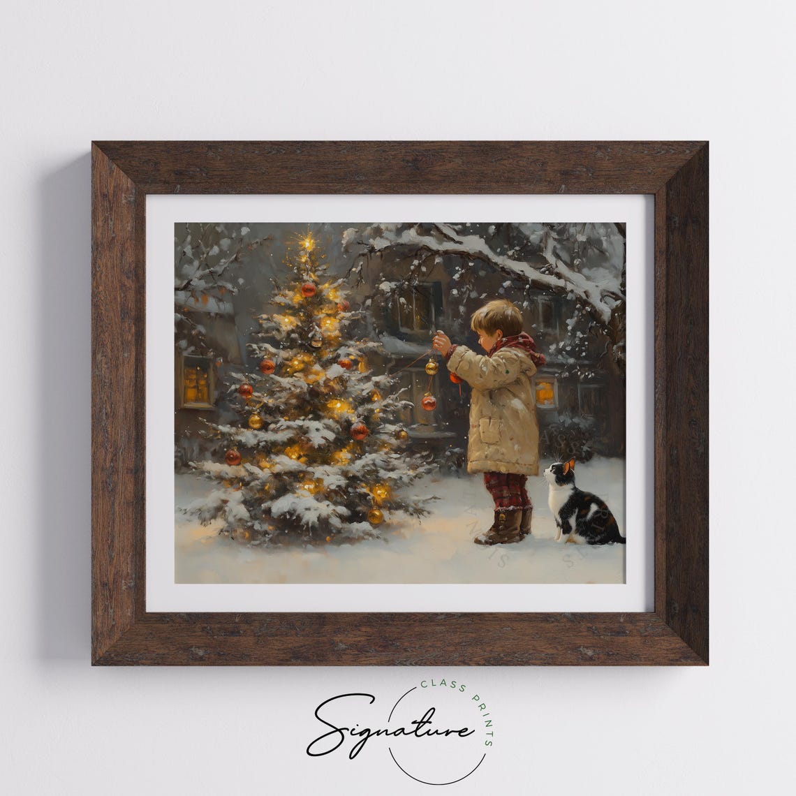 Boy Decorating Outdoor Snowy Christmas Tree with Calico Cat Poster - Image 5