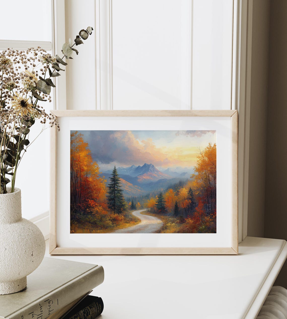 Winding Road Through Autumn Forest Toward Distant Peaks Poster - Image 6