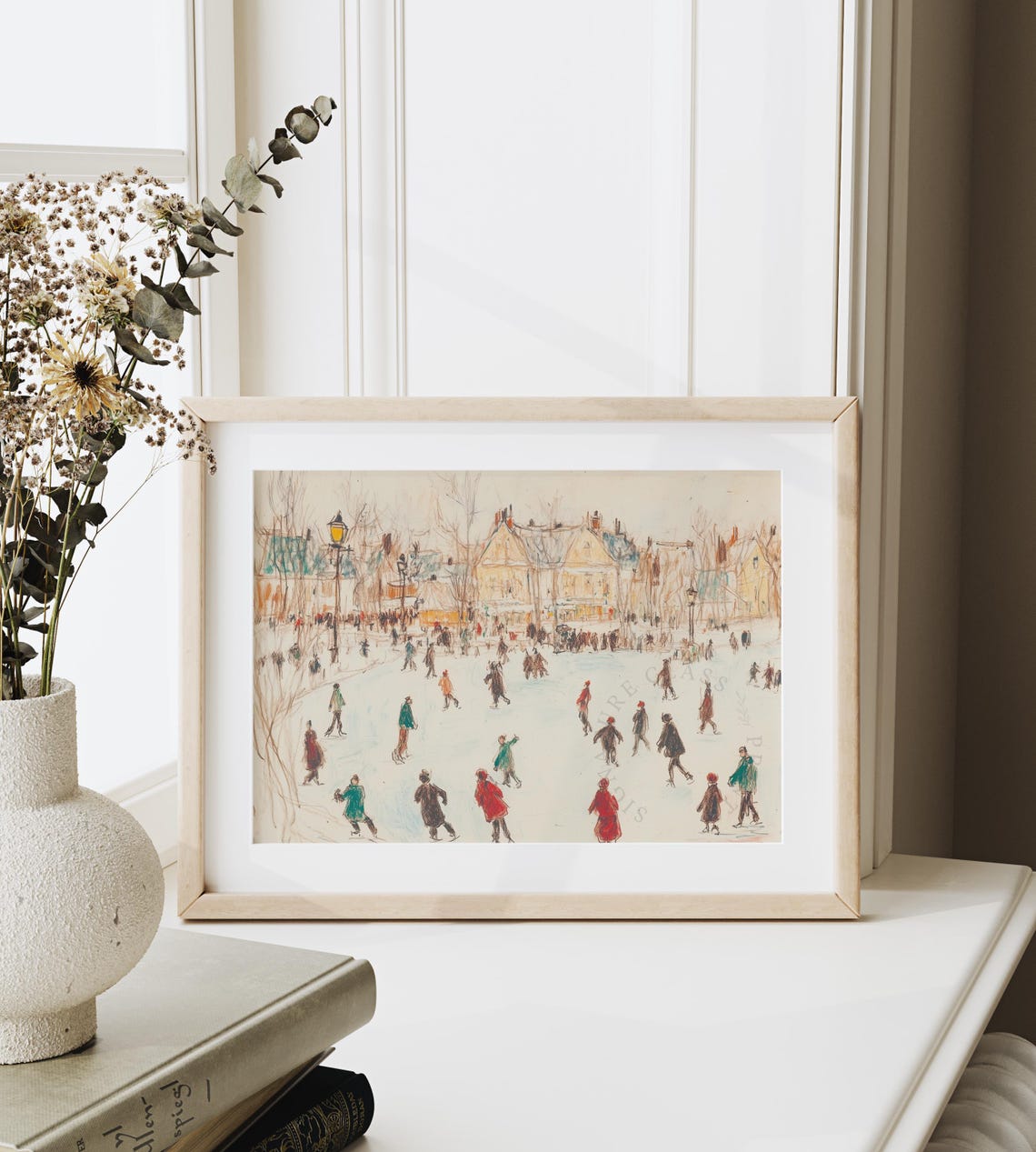 Village Ice Skating Scene With Colorful Sketch Figures Winter Poster - Image 6