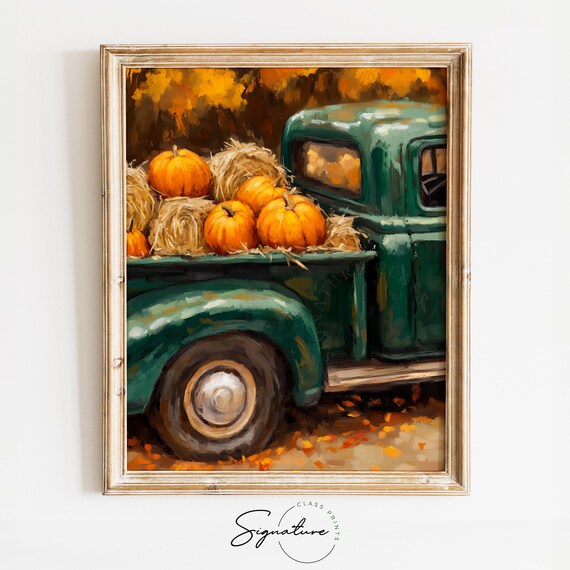 Vintage Green Pickup Truck Loaded With Pumpkins And Hay Poster