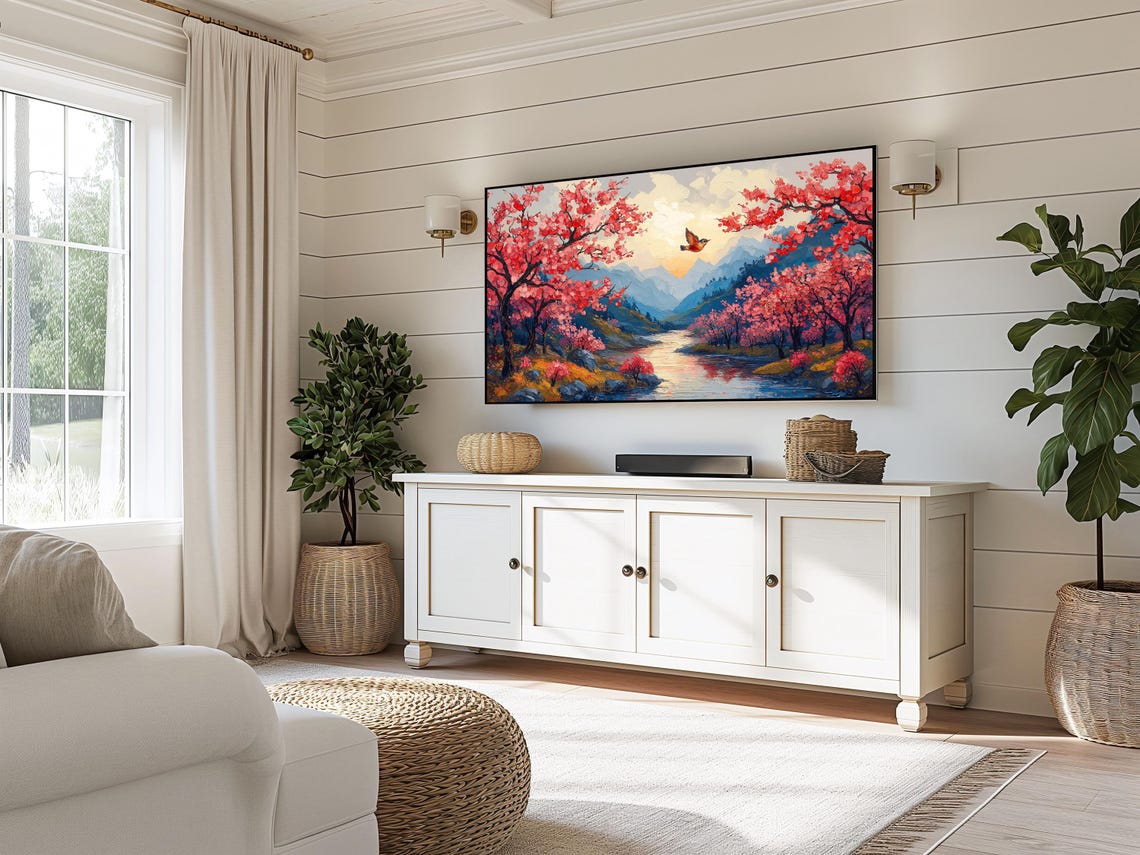 Bird Soaring Over Cherry Blossom River Valley Impasto Art Poster - Image 3