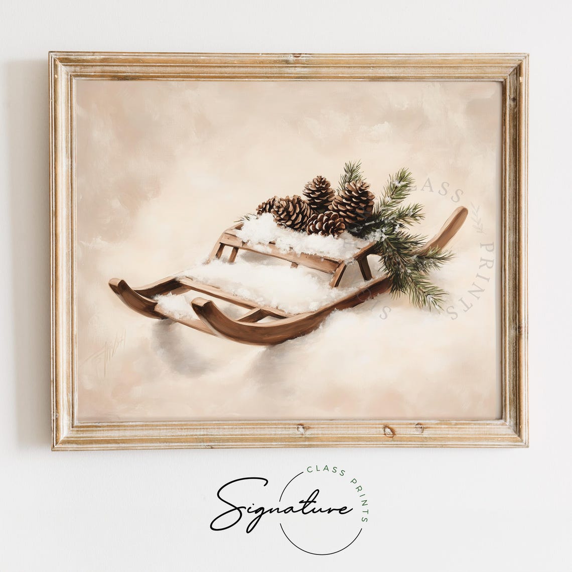 Wooden Sled With Pinecones and Fir Branches Snowy Still Life Poster