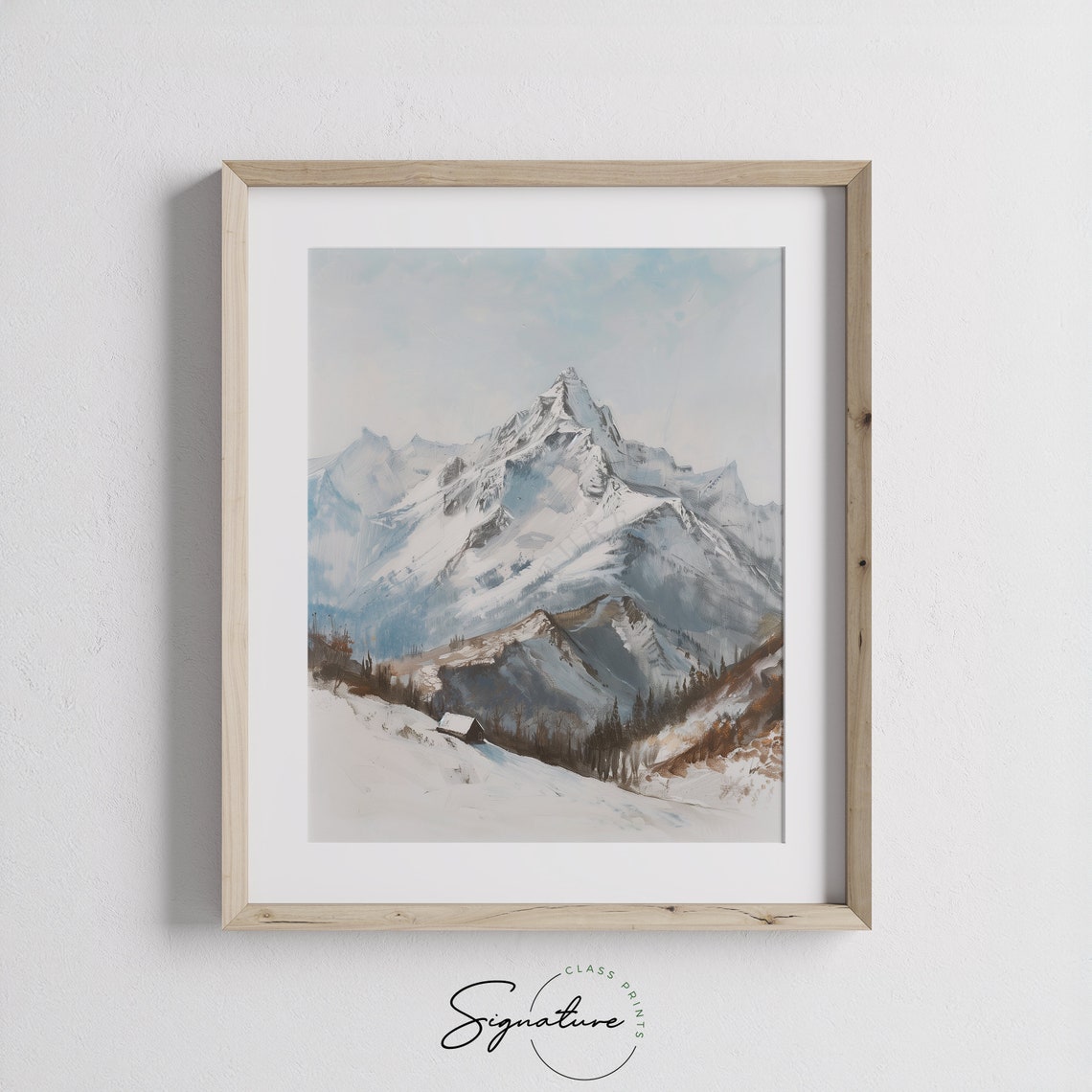 Snow Covered Mountain Peak Cabin Blue Winter Scenic Art Poster - Image 3