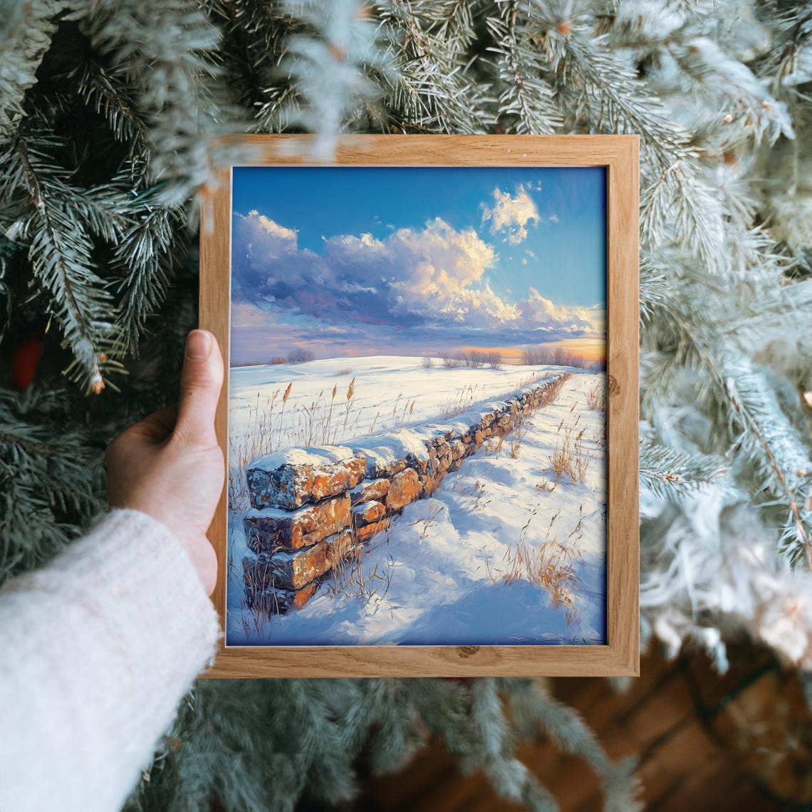 Snowy Stone Wall Winter Field Dramatic Bright Sky Landscape Poster - Image 6