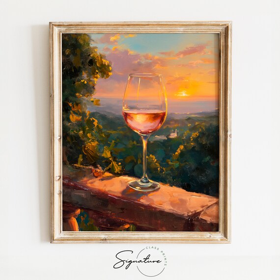 Glass Rose Wine Balcony Sunset Hills Golden Hour Romantic Evening Poster