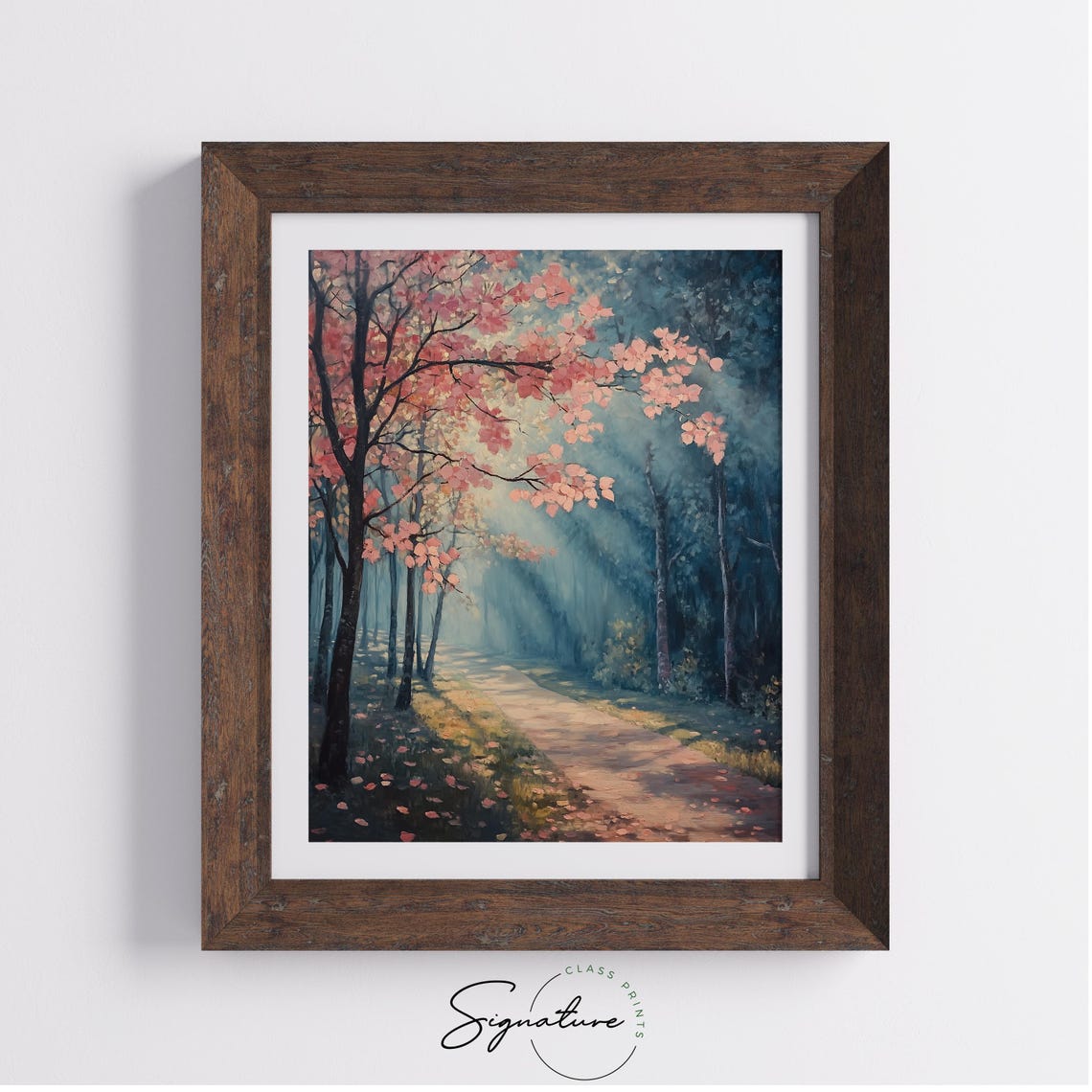 Romantic Pink Blossom Path Sunlit Spring Forest Landscape Poster - Image 2