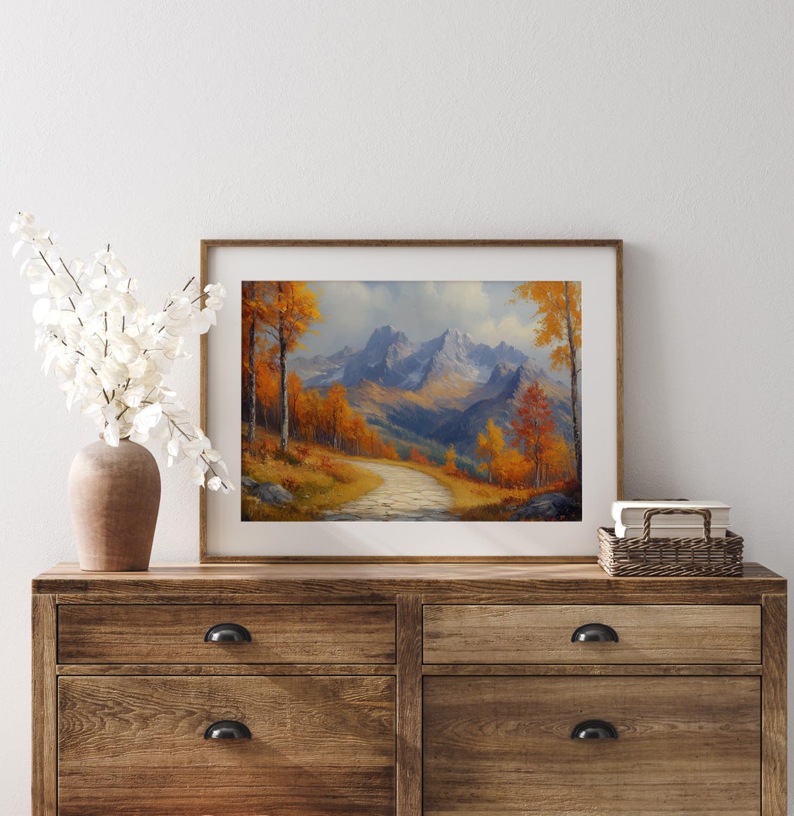 Rocky Path Through Fiery Autumn Forest Toward Mountain Peaks Poster - Image 3