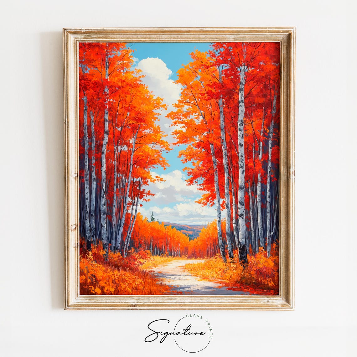 Red Birch Forest Autumn Foliage Winding Sunlit Path Painting Print