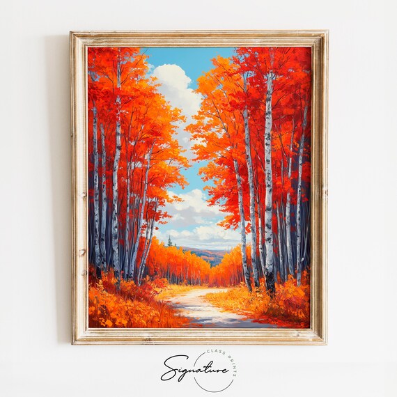 Red Birch Forest Autumn Foliage Winding Sunlit Path Painting Print