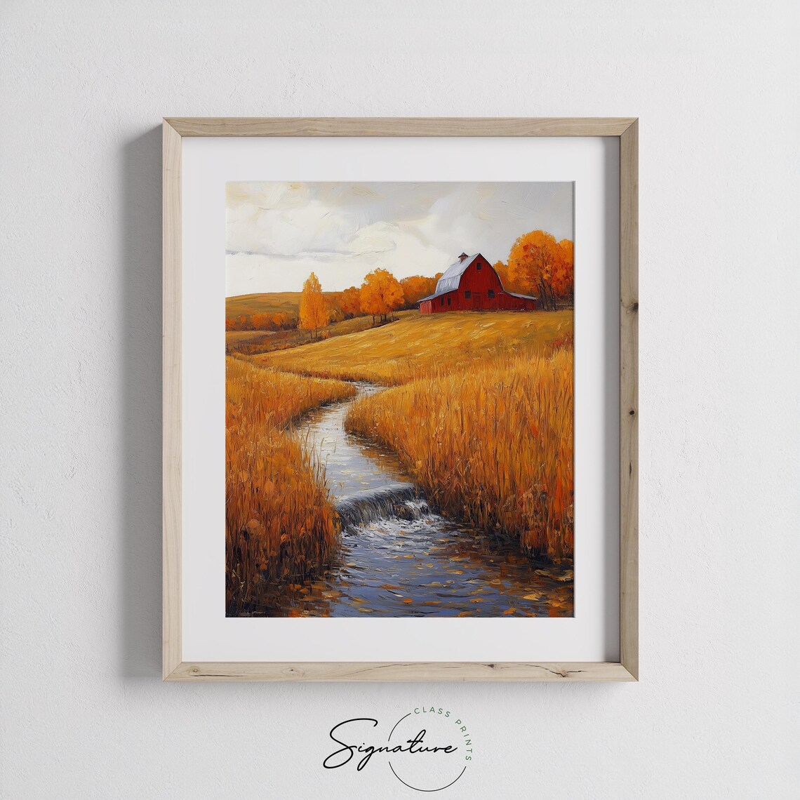 Red Barn Beside Winding Stream Flowing Through Golden Wheat Fields Wall Art - Image 3