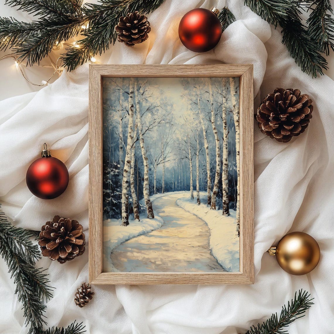 Birch Tree Lined Snowy Lane Curving Through Winter Woods Poster - Image 4