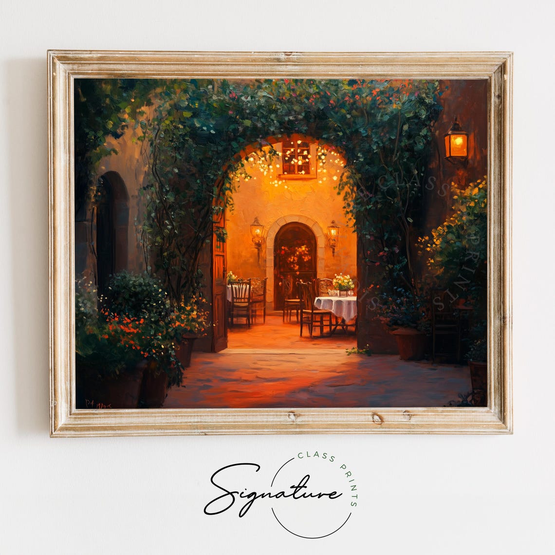 Romantic Courtyard Dinner Under String Lights At Dusk Wall Art