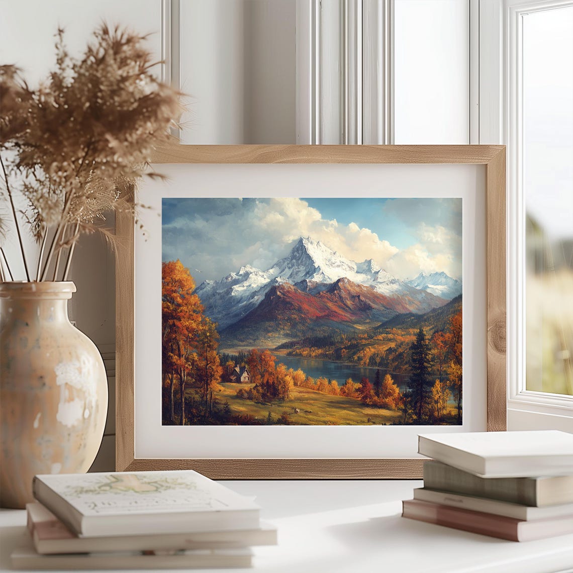 Alpine Autumn Glory Snowy Peaks Golden Lake Cabin Fall Poster - Image 2