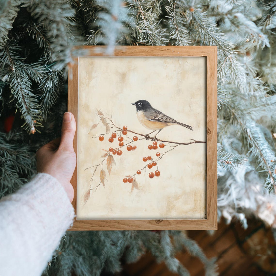 Chickadee Red Berry Branch Cream Vintage Winter Bird Painting Poster - Image 6