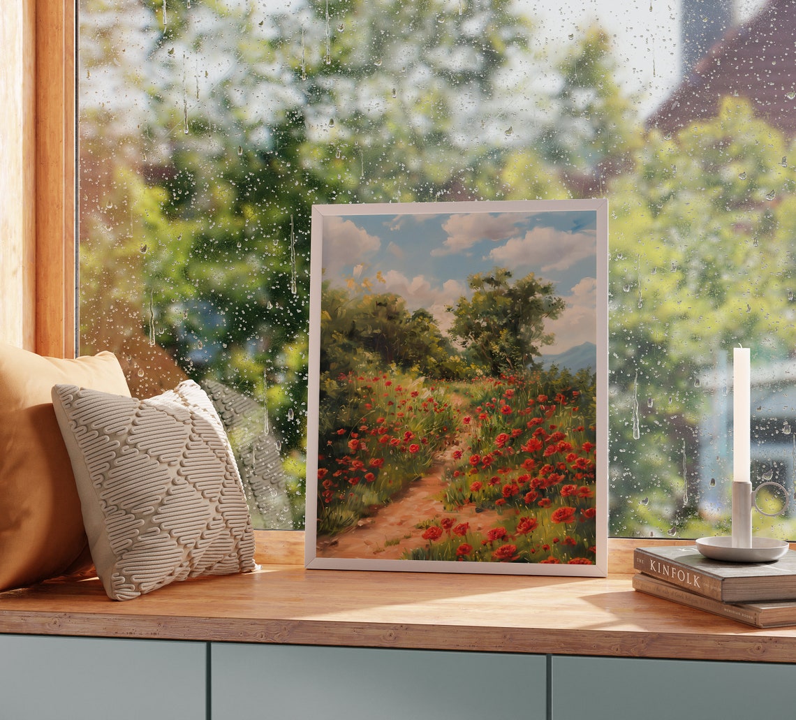 Red Poppy Field Country Path Summer Wildflower Walk Meadow Poster - Image 2