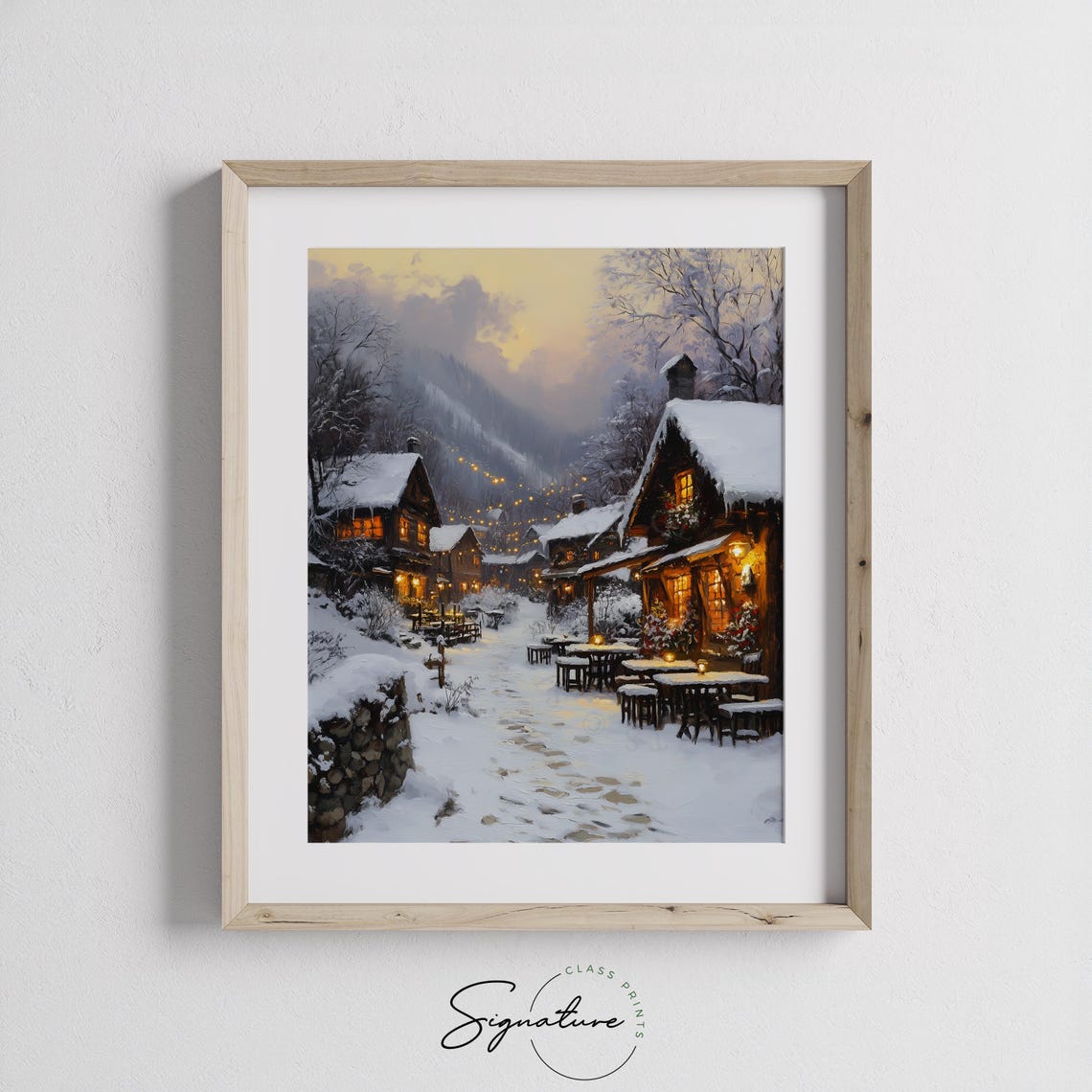Magical Snowy Village Square With Outdoor Cafe Lights Winter Poster - Image 2