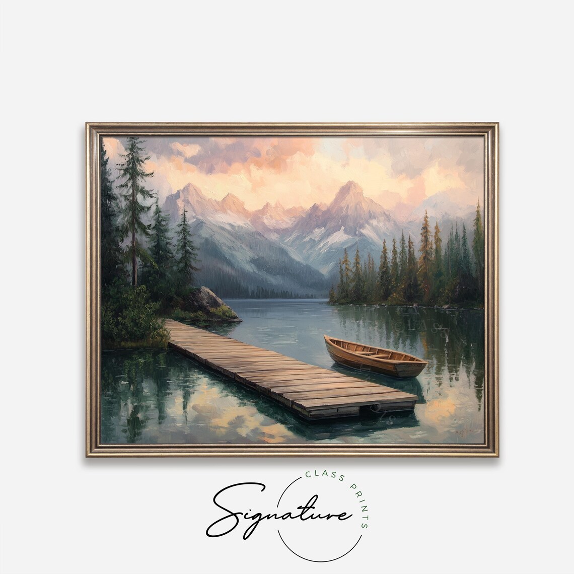 Swiss Lakeside Dock With Mountain View Tranquil Cottagecore Landscape Painting Rustic Nature Wall Art Earthy Artwork 3609 - Image 2