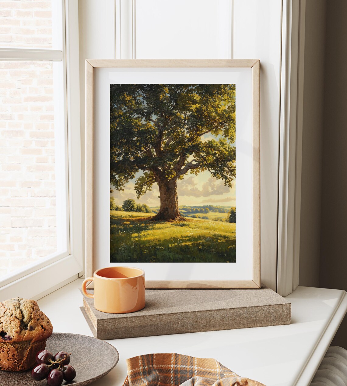 Majestic Oak Tree Sunlit Summer Meadow Countryside Landscape Art Poster - Image 6