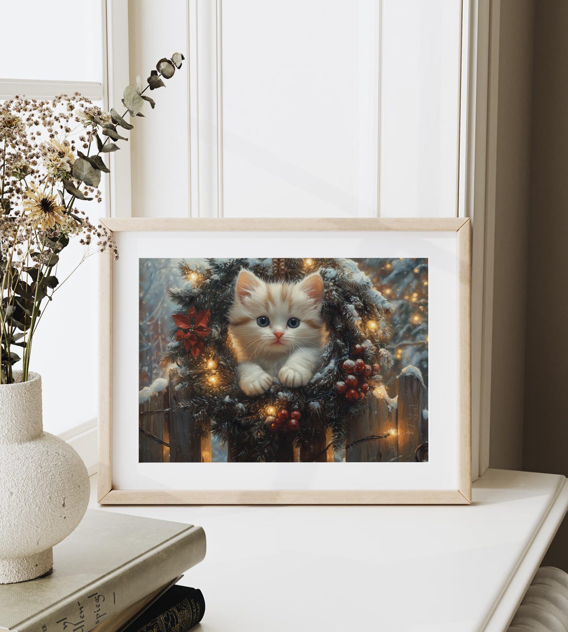 White Kitten Nestled in a Lit Christmas Wreath on Wooden Fence Poster - Image 6