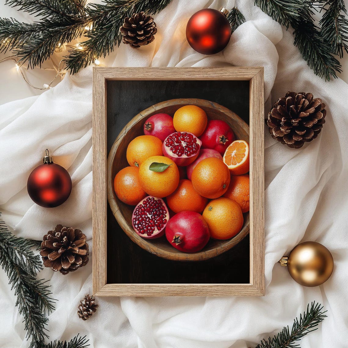Wooden Bowl Of Oranges And Pomegranates Rustic Fruit Painting Poster - Image 2
