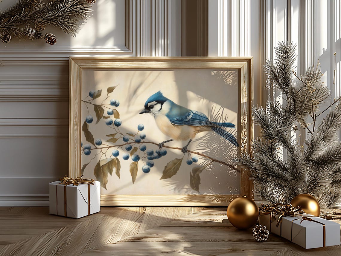 Vivid Blue Jay With Frosty Blue Berries Rustic Winter Bird Poster - Image 6