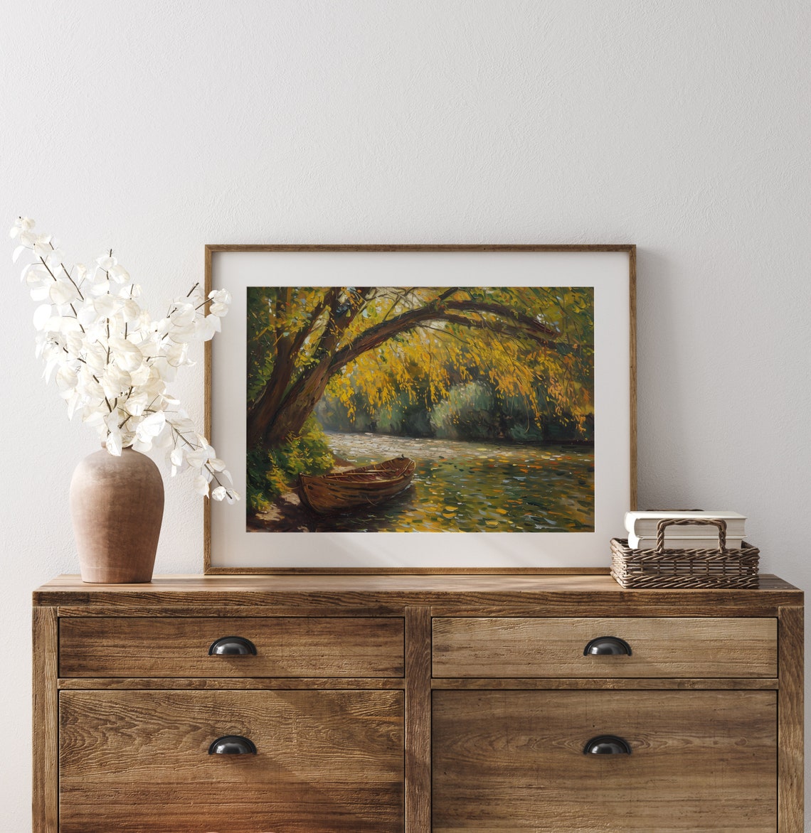 Golden Elm Arching Over Sleepy Canal Moored Wooden Rowboat Poster - Image 3