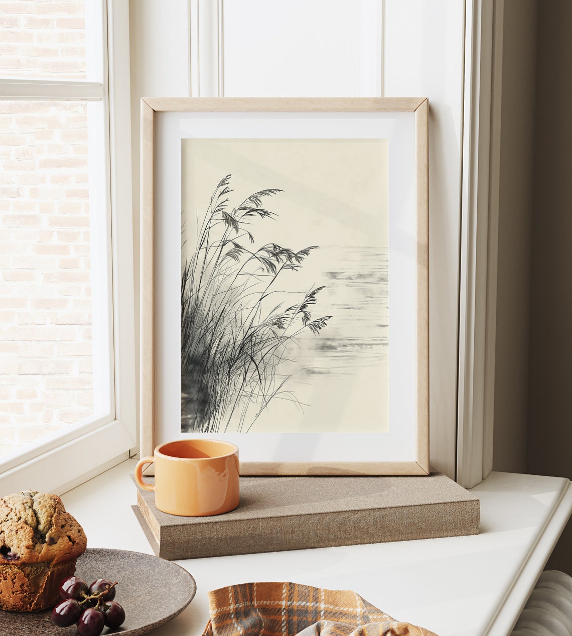 Tall Riverbank Grasses Swaying In Wind Monochrome Sketch Poster - Image 6