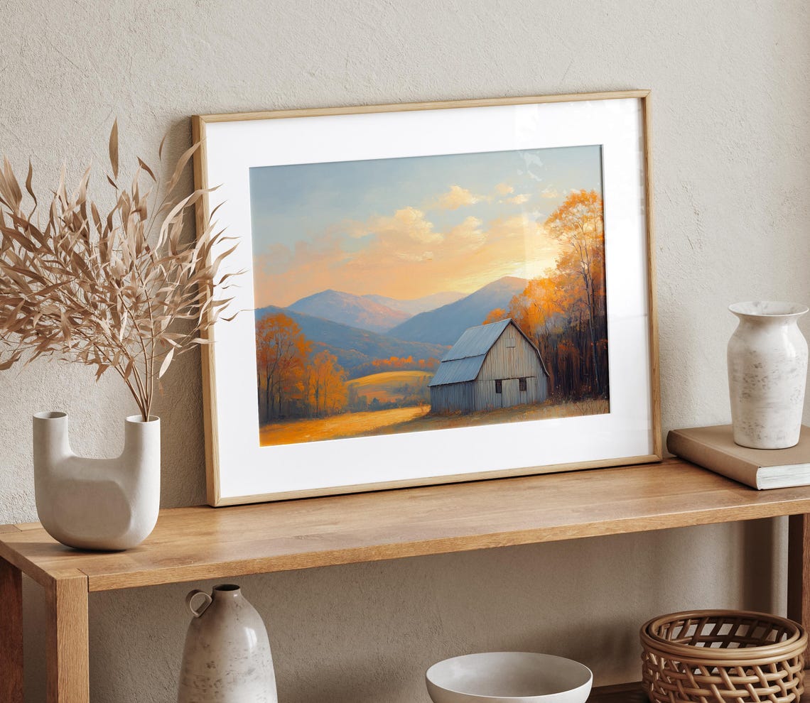 Gray Barn Golden Meadow Sunset Mountains Oil Painting Poster - Image 4