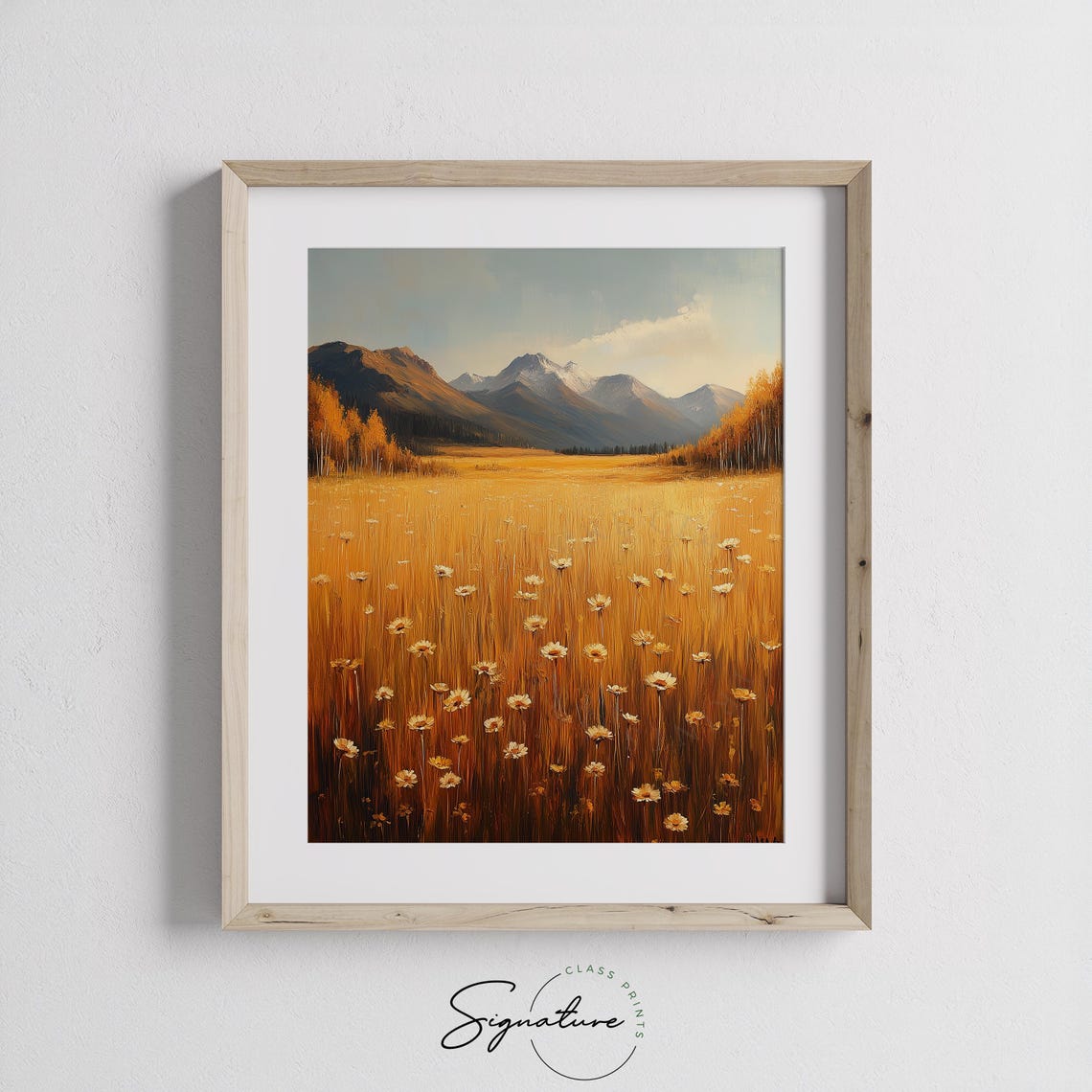 Golden Wildflower Field Mountain Valley Snowy Peak Landscape Print - Image 3