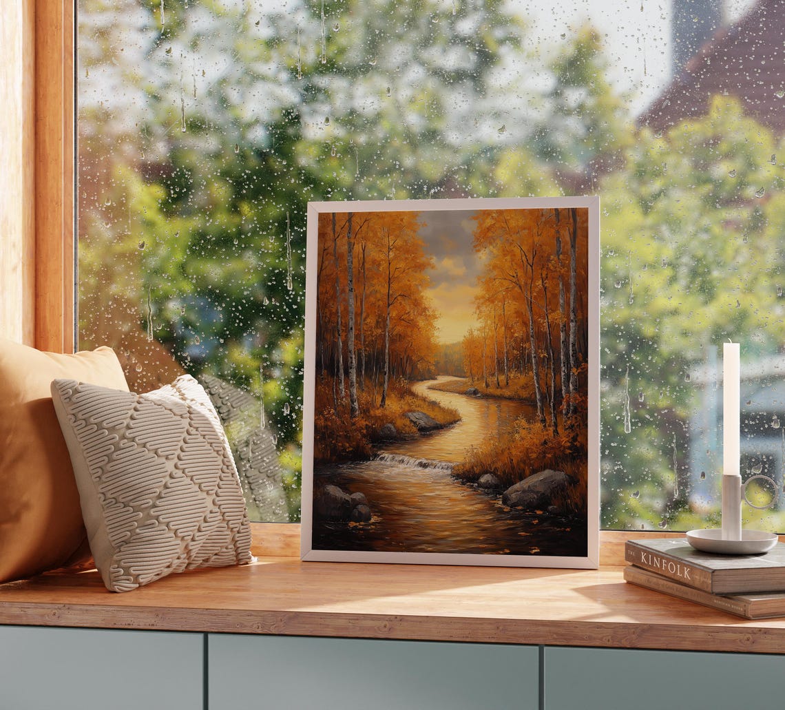 Autumn Birch Forest River Painting Golden Sunset Fall Landscape Poster - Image 2