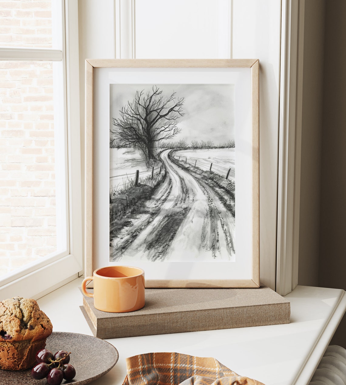 Frosty Country Road With Bare Tree Monochrome Sketch Winter Poster - Image 6