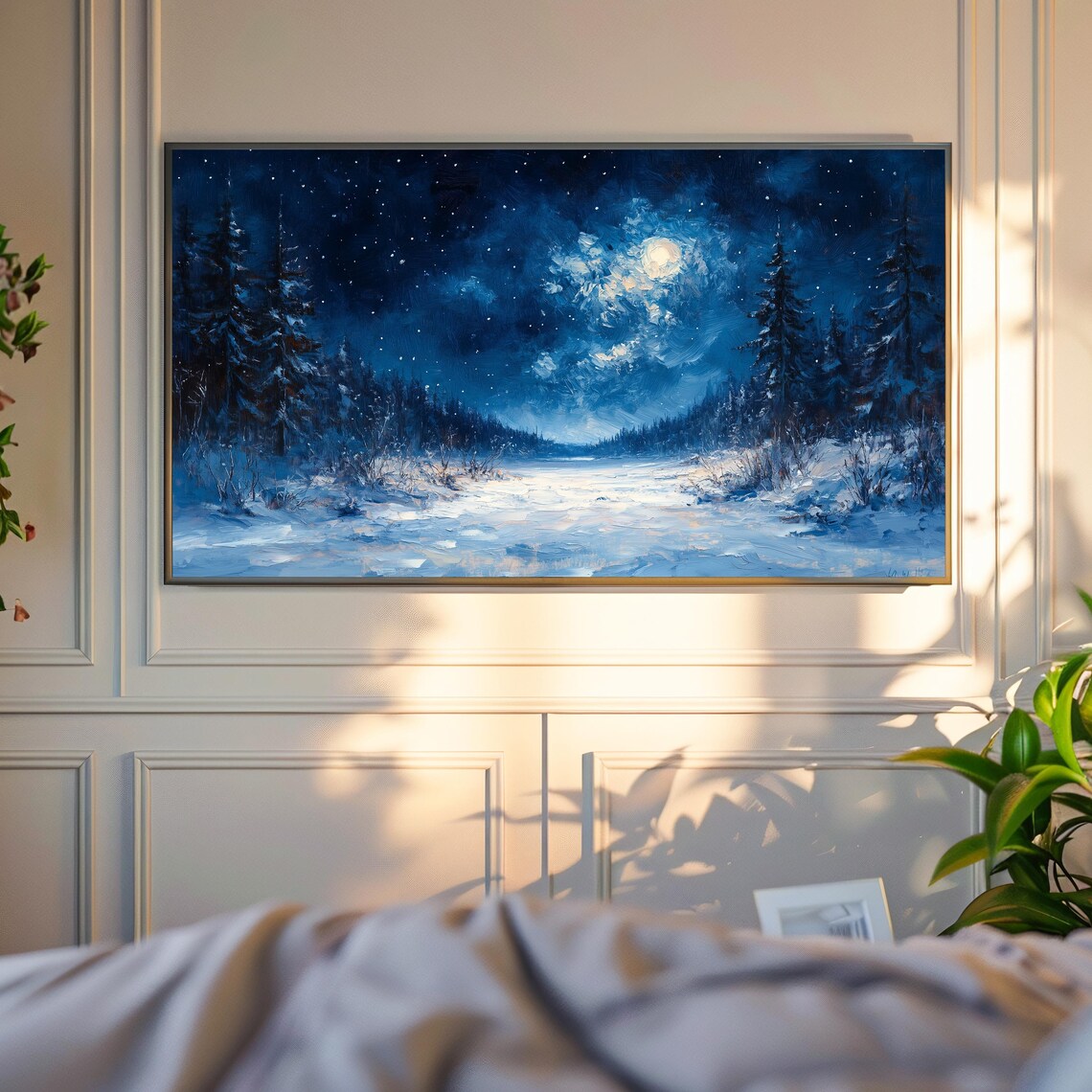 Moonlit Starry Night Over Snowy Forest Clearing Winter Night Art Poster - Image 4