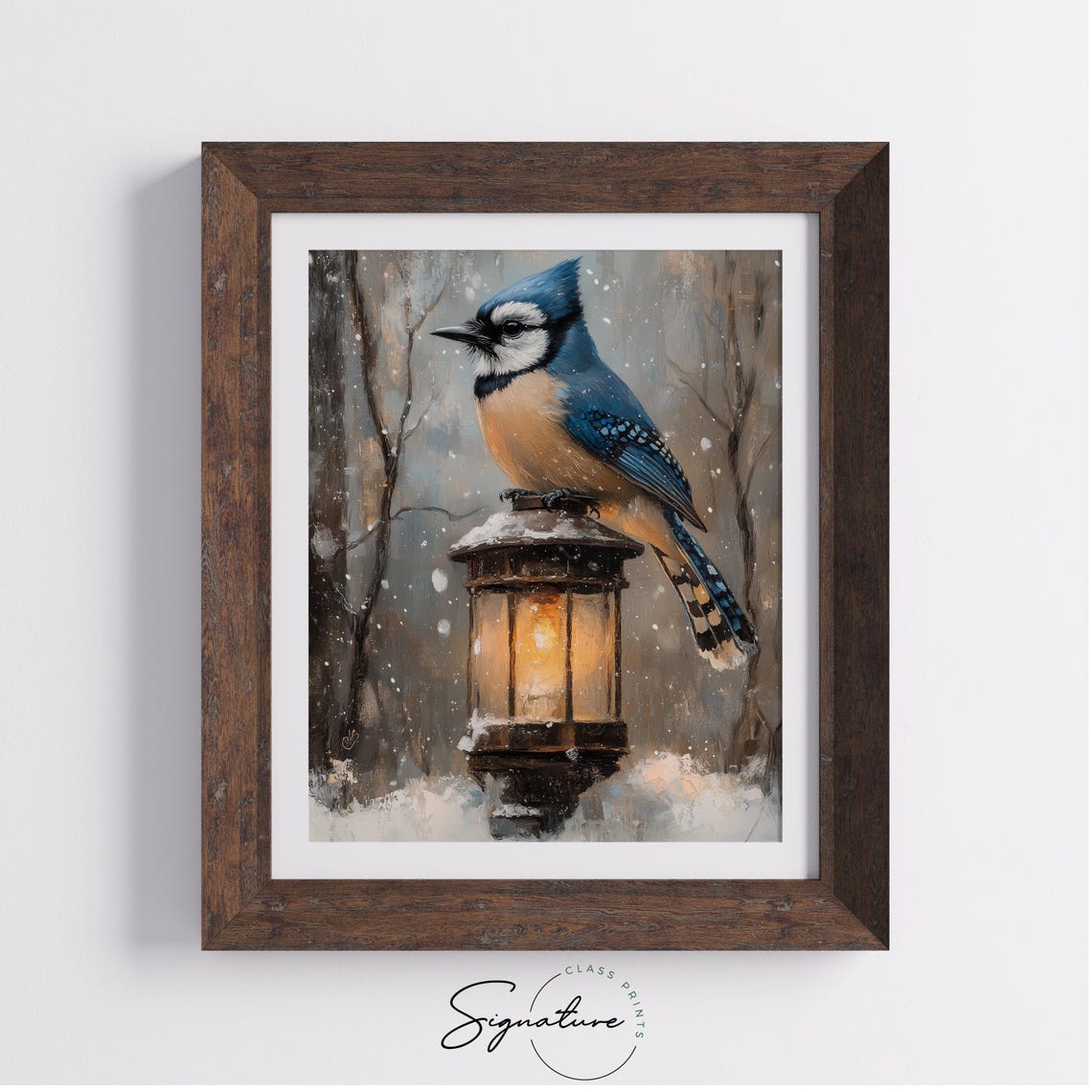 Blue Jay Snowy Lantern Night Winter Bird Wildlife Oil Painting Poster - Image 2