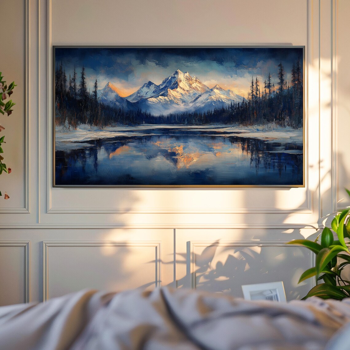Snow Capped Mountain Peaks Mirror Lake Alpenglow Warm Light Reflection Poster - Image 4
