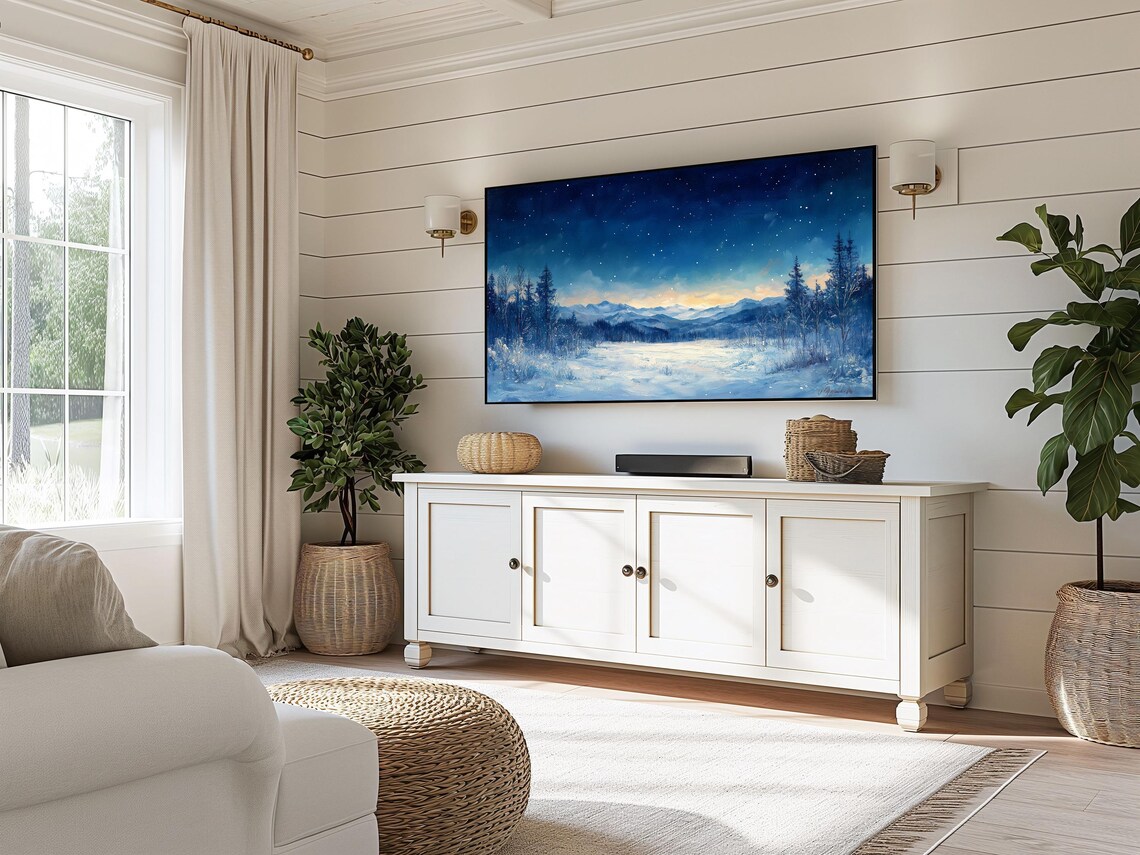 Winter Twilight Starry Sky Snowy Meadow Distant Blue Mountains Night Poster - Image 3