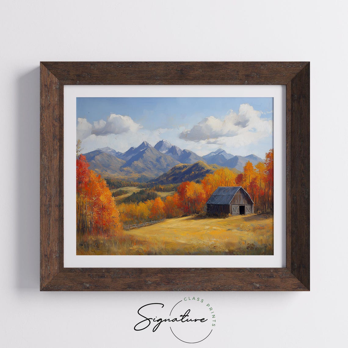 Rustic Wooden Barn Fall Foliage Mountain Panorama Painting Print - Image 5