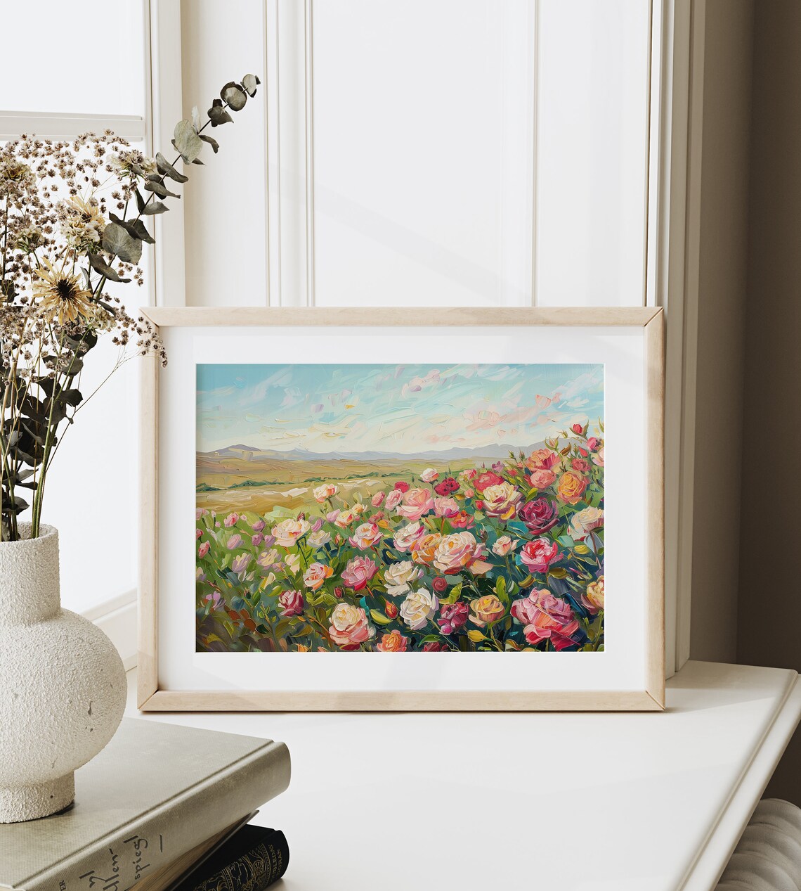 Vibrant Rose Field Art Print, Rustic Floral Landscape - Image 6