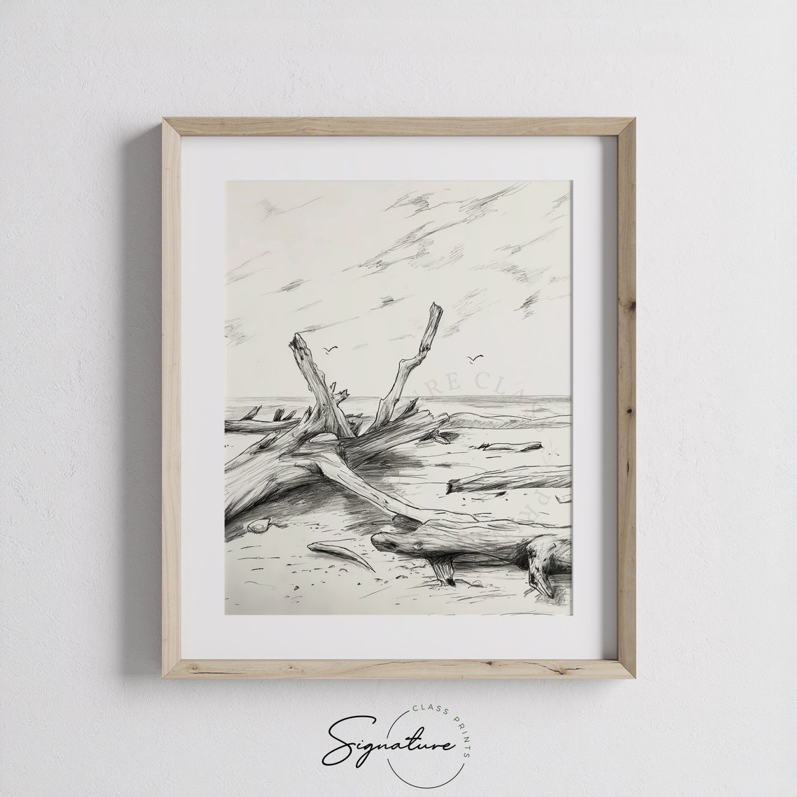 Driftwood On Windswept Beach Seabirds Monochrome Sketch Poster - Image 3