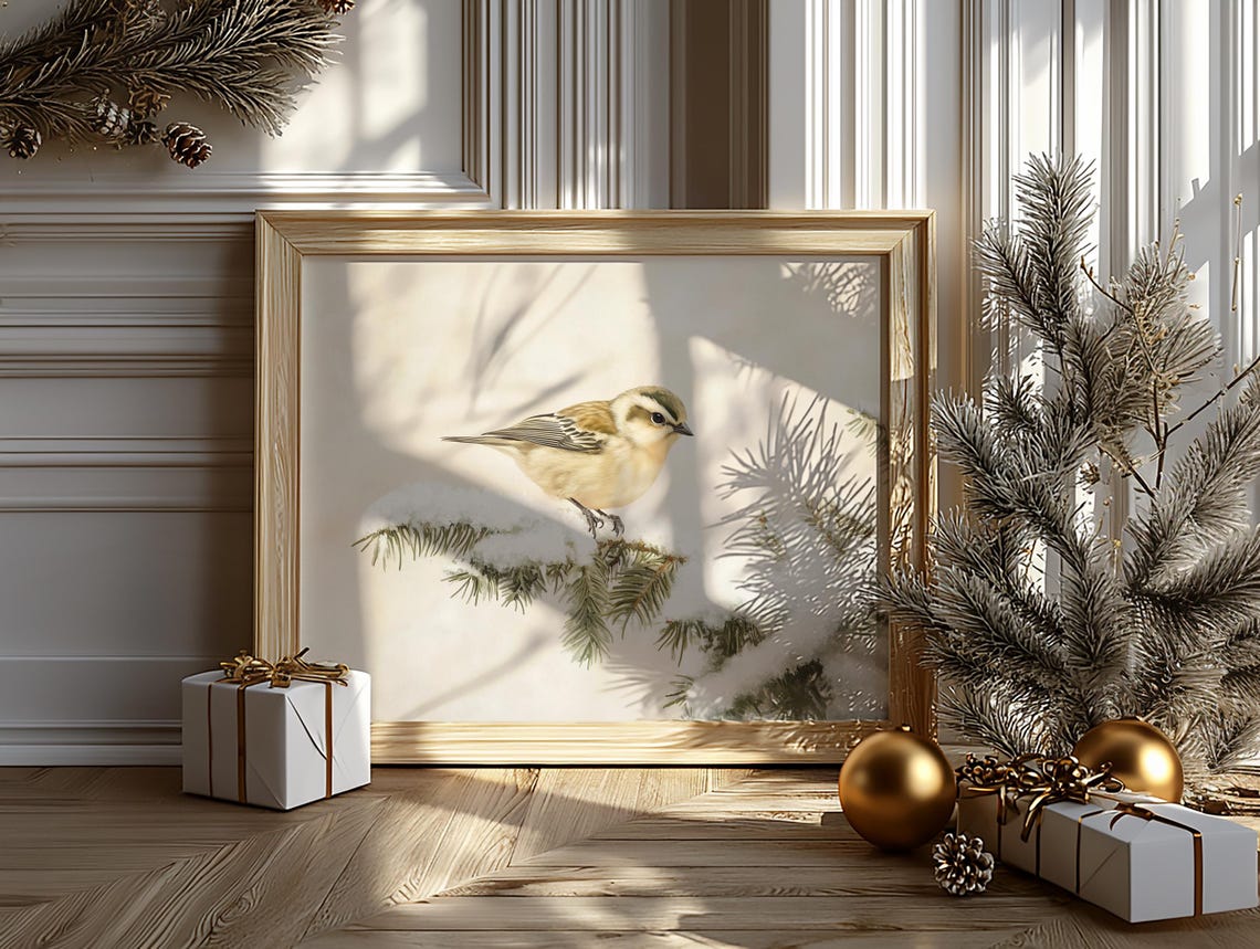 Lovely Goldcrest Perched On Snowy Fir Branch Vintage Winter Print - Image 6